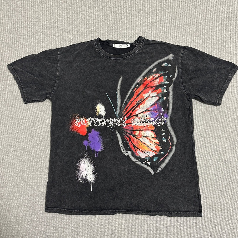 Adika Mens Butterfly Graphic T-Shirt Acid Wash Black Streetwear Size‎ Medium